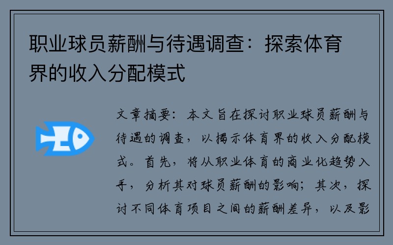 职业球员薪酬与待遇调查：探索体育界的收入分配模式