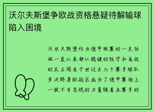 沃尔夫斯堡争欧战资格悬疑待解输球陷入困境